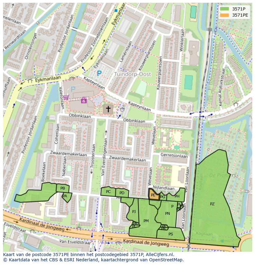 Afbeelding van het postcodegebied 3571 PE op de kaart.