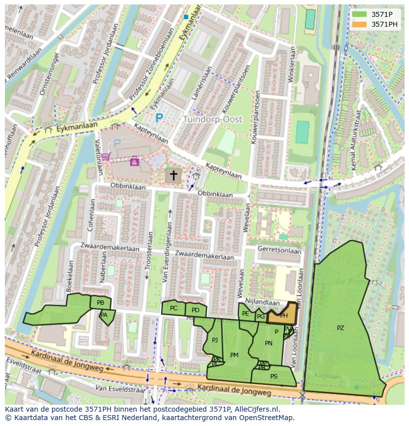 Afbeelding van het postcodegebied 3571 PH op de kaart.