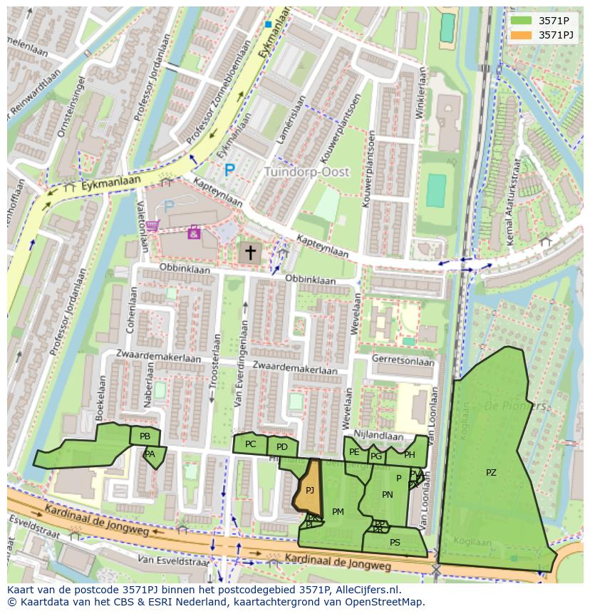 Afbeelding van het postcodegebied 3571 PJ op de kaart.