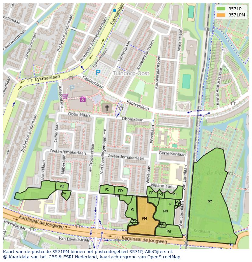 Afbeelding van het postcodegebied 3571 PM op de kaart.