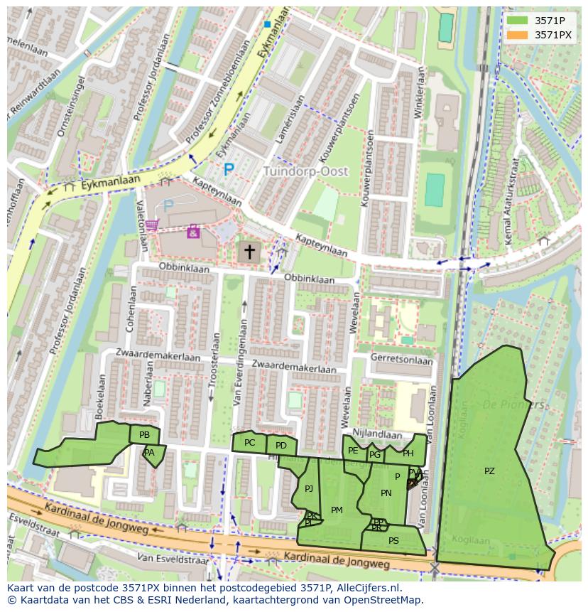 Afbeelding van het postcodegebied 3571 PX op de kaart.