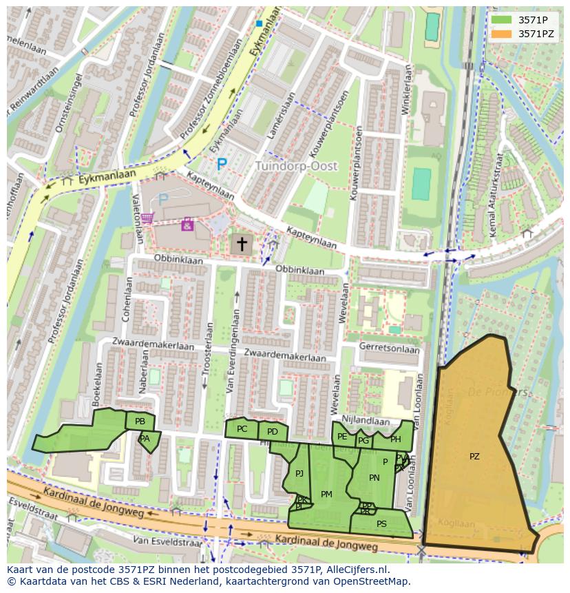 Afbeelding van het postcodegebied 3571 PZ op de kaart.