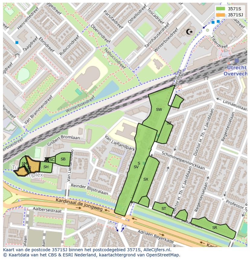 Afbeelding van het postcodegebied 3571 SJ op de kaart.