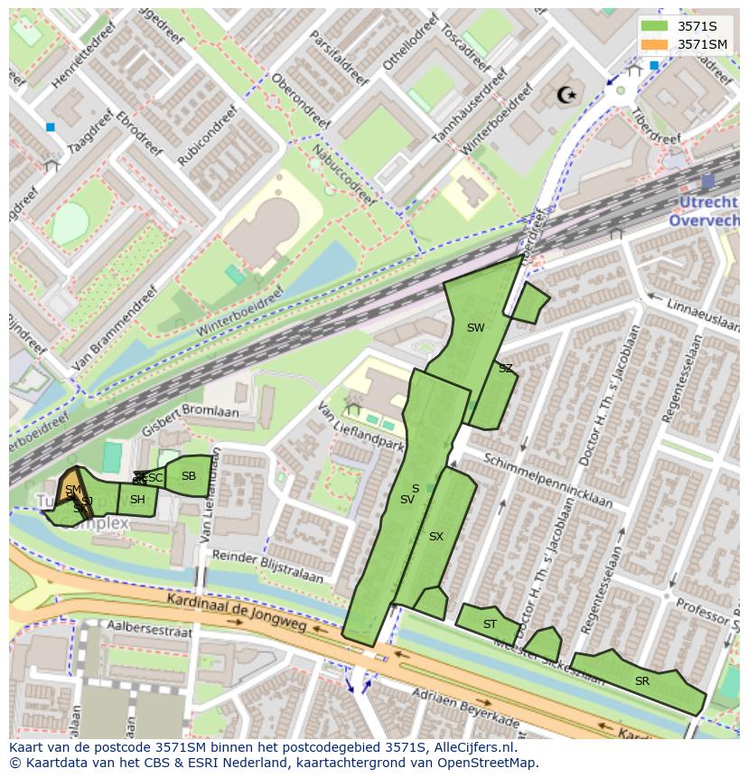 Afbeelding van het postcodegebied 3571 SM op de kaart.