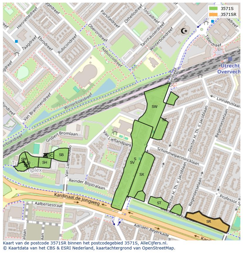 Afbeelding van het postcodegebied 3571 SR op de kaart.