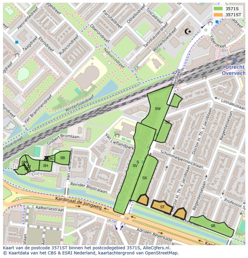 Afbeelding van het postcodegebied 3571 ST op de kaart.