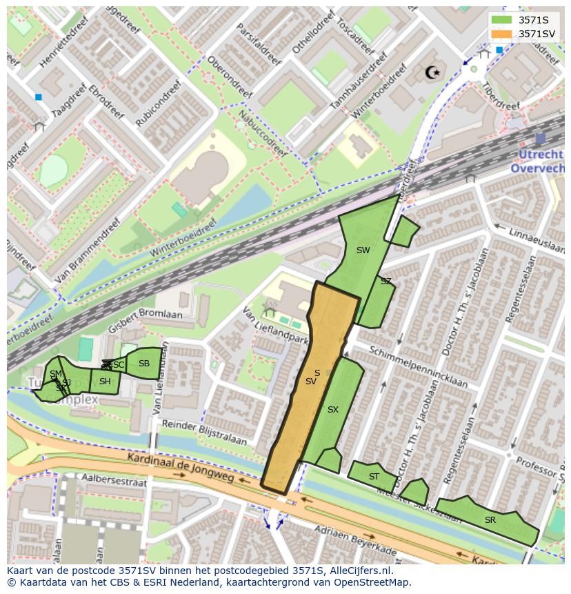 Afbeelding van het postcodegebied 3571 SV op de kaart.