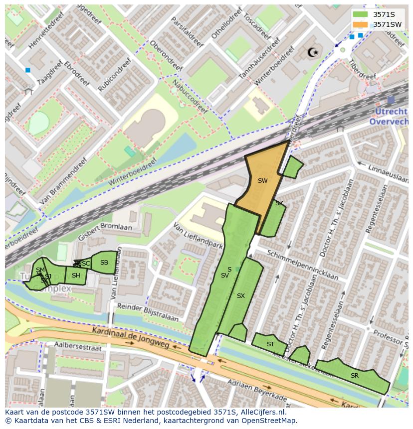 Afbeelding van het postcodegebied 3571 SW op de kaart.