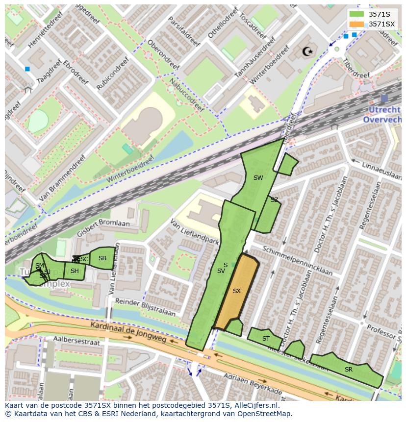 Afbeelding van het postcodegebied 3571 SX op de kaart.