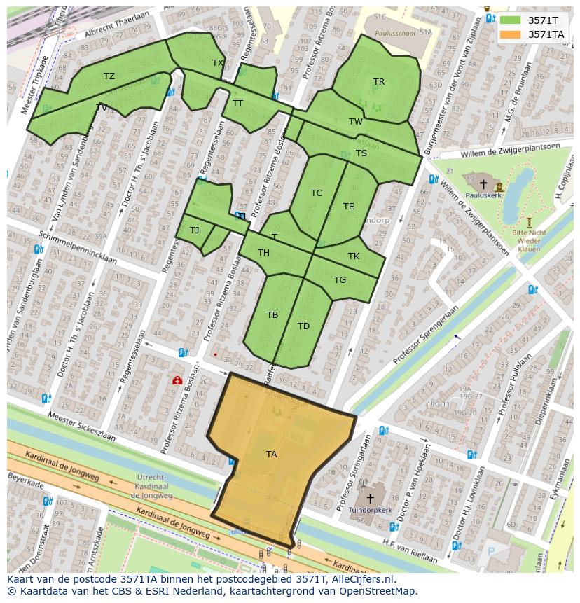Afbeelding van het postcodegebied 3571 TA op de kaart.