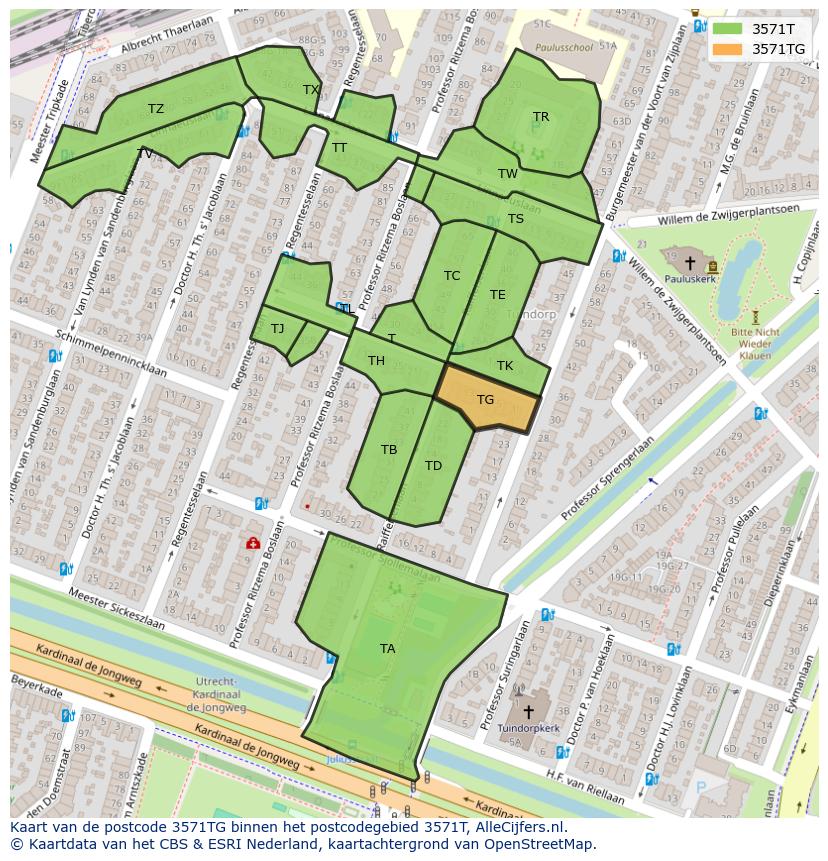Afbeelding van het postcodegebied 3571 TG op de kaart.