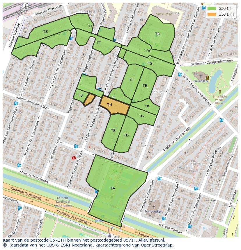 Afbeelding van het postcodegebied 3571 TH op de kaart.