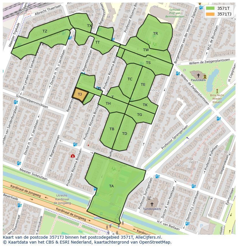 Afbeelding van het postcodegebied 3571 TJ op de kaart.