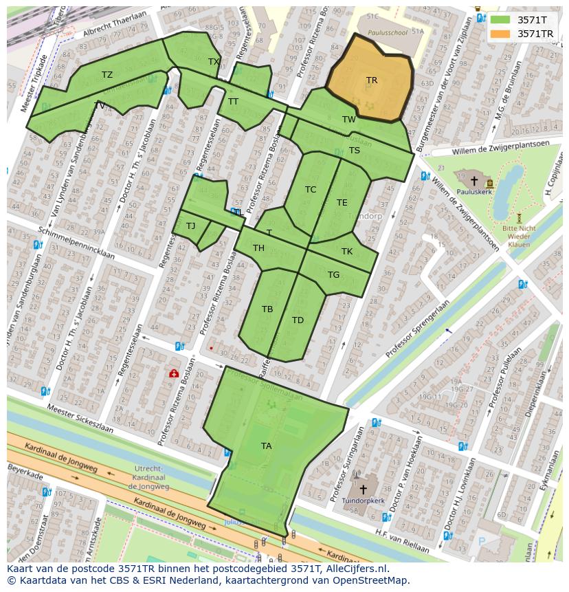 Afbeelding van het postcodegebied 3571 TR op de kaart.