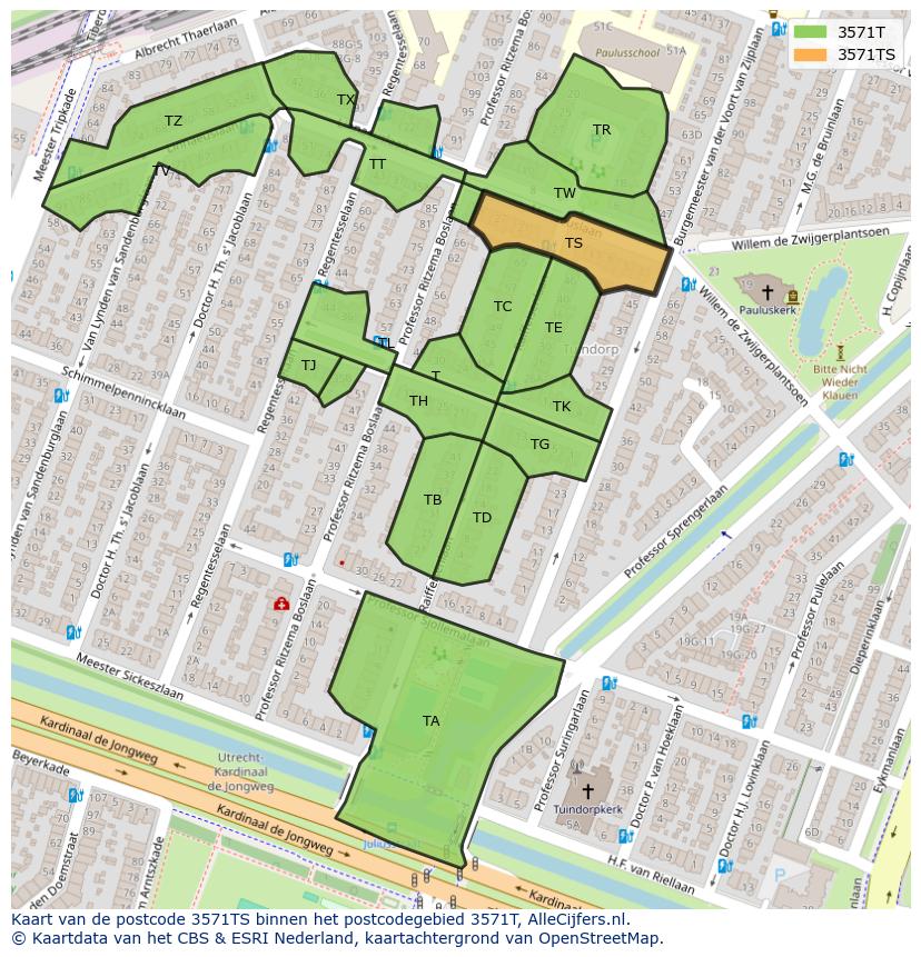 Afbeelding van het postcodegebied 3571 TS op de kaart.