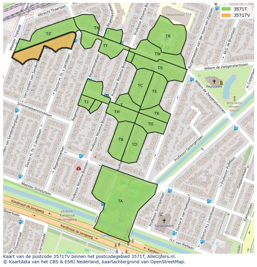 Afbeelding van het postcodegebied 3571 TV op de kaart.