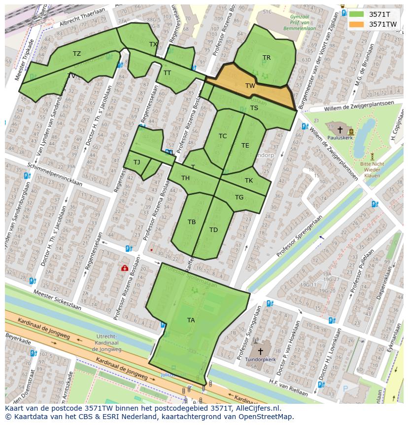 Afbeelding van het postcodegebied 3571 TW op de kaart.