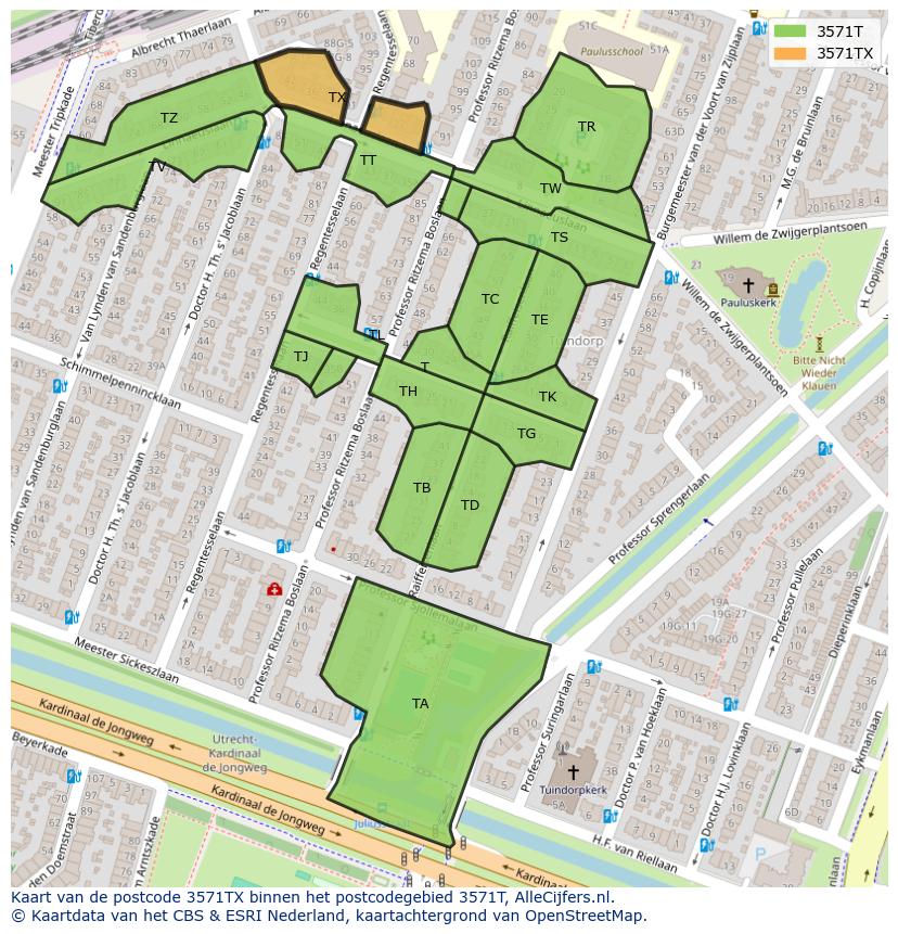 Afbeelding van het postcodegebied 3571 TX op de kaart.