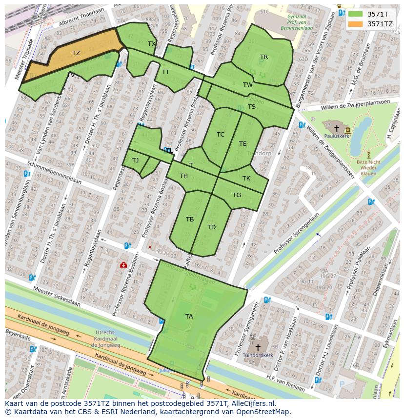 Afbeelding van het postcodegebied 3571 TZ op de kaart.