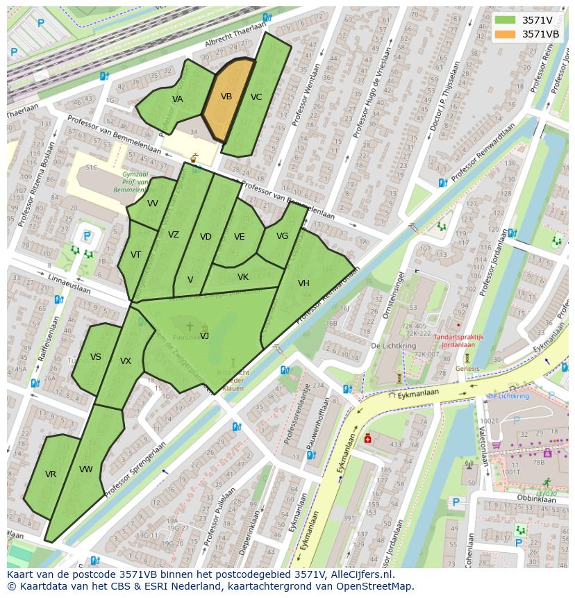 Afbeelding van het postcodegebied 3571 VB op de kaart.