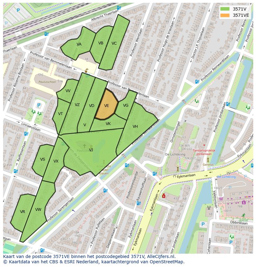 Afbeelding van het postcodegebied 3571 VE op de kaart.