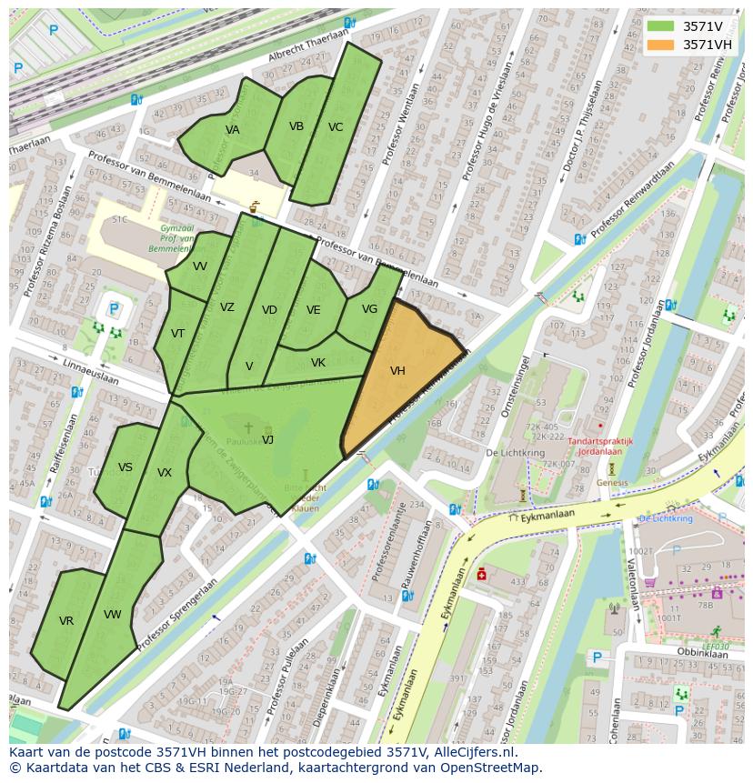 Afbeelding van het postcodegebied 3571 VH op de kaart.