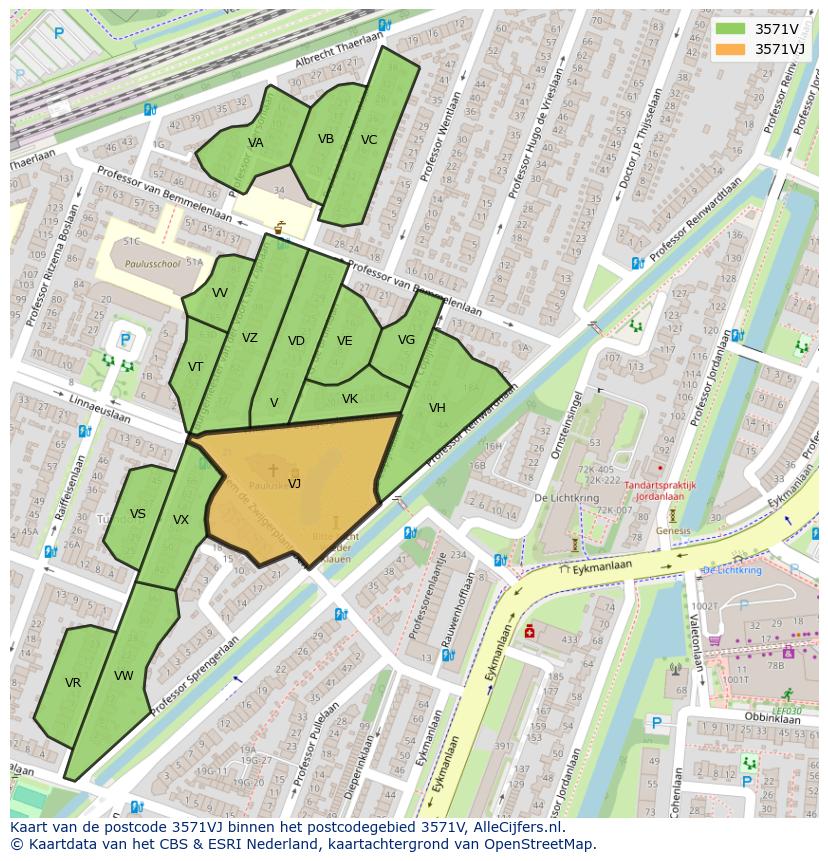 Afbeelding van het postcodegebied 3571 VJ op de kaart.