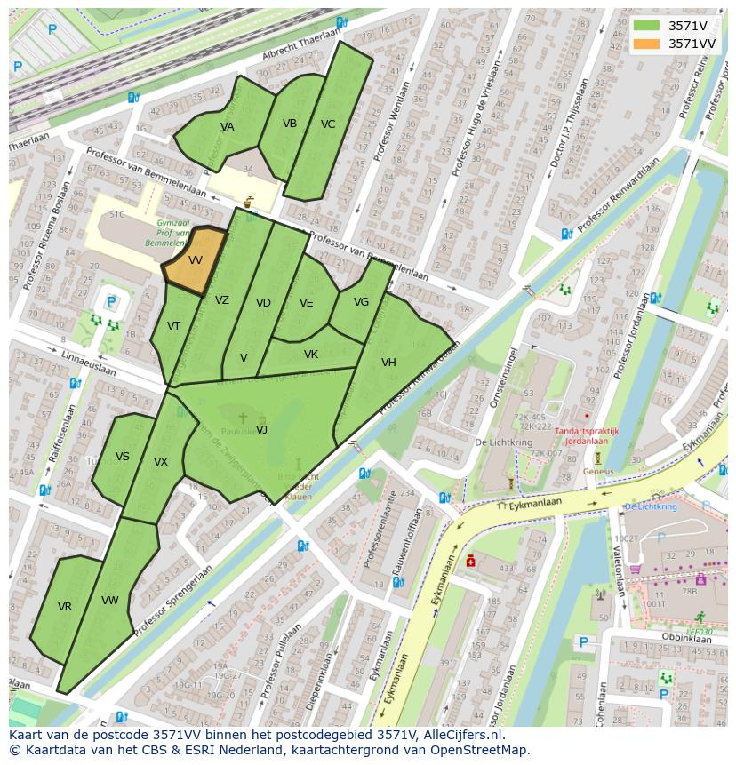 Afbeelding van het postcodegebied 3571 VV op de kaart.