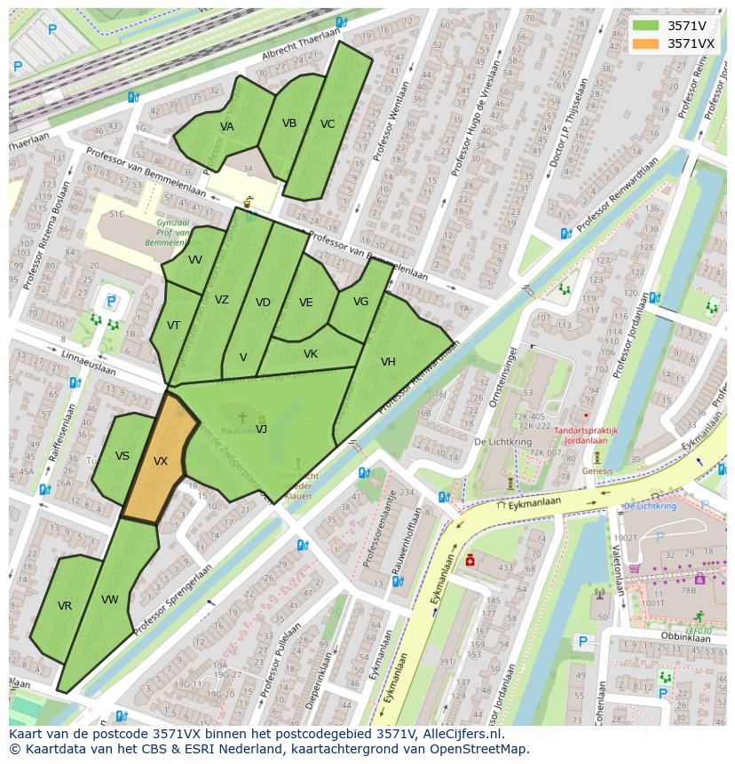 Afbeelding van het postcodegebied 3571 VX op de kaart.