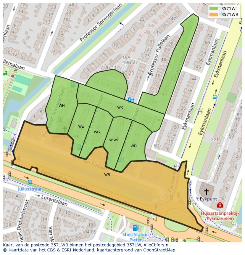 Afbeelding van het postcodegebied 3571 WB op de kaart.