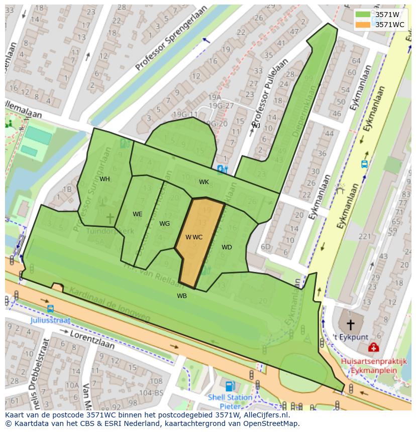 Afbeelding van het postcodegebied 3571 WC op de kaart.