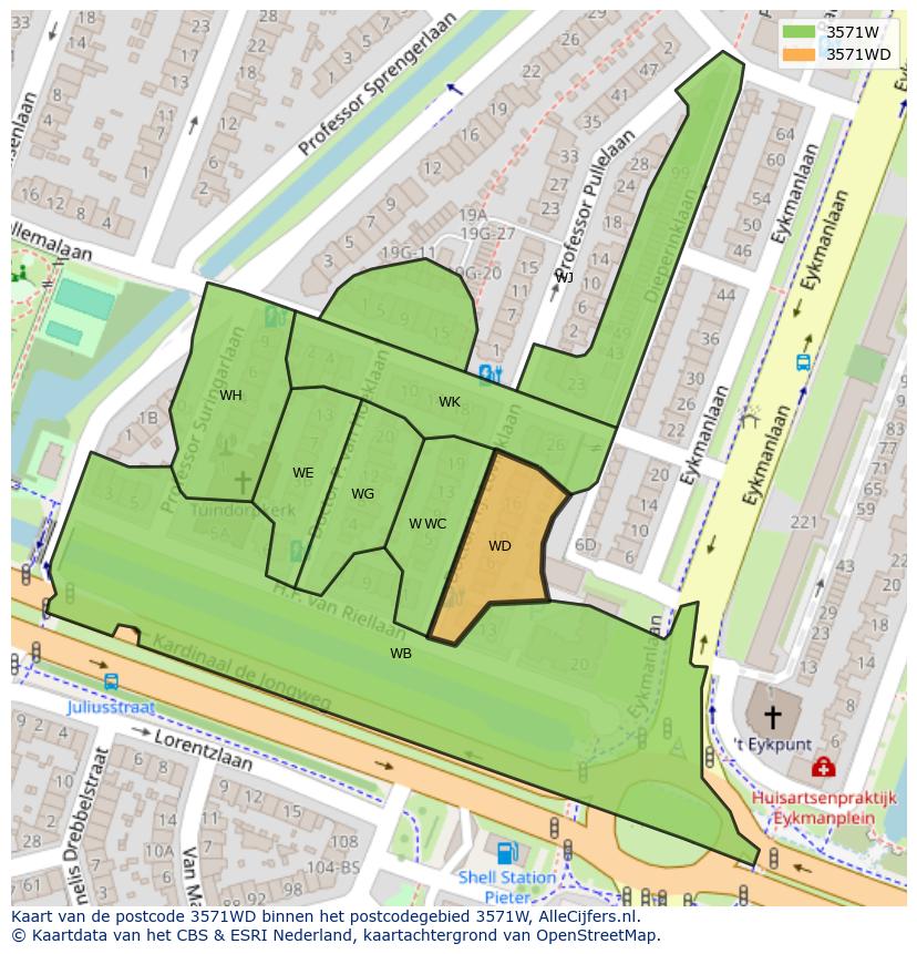 Afbeelding van het postcodegebied 3571 WD op de kaart.
