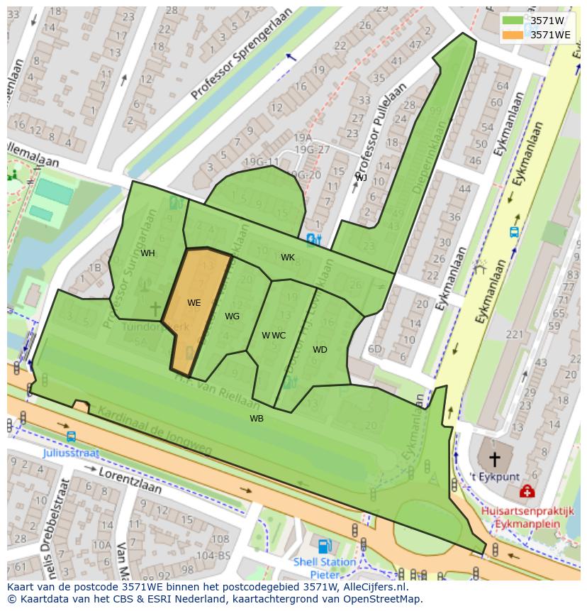 Afbeelding van het postcodegebied 3571 WE op de kaart.