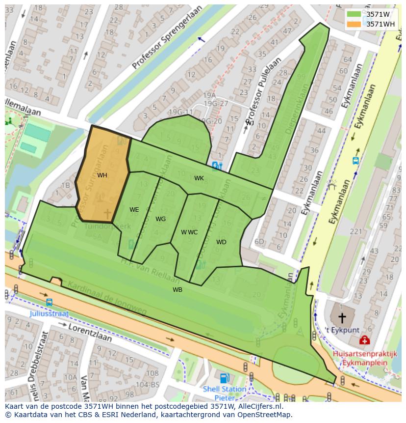 Afbeelding van het postcodegebied 3571 WH op de kaart.
