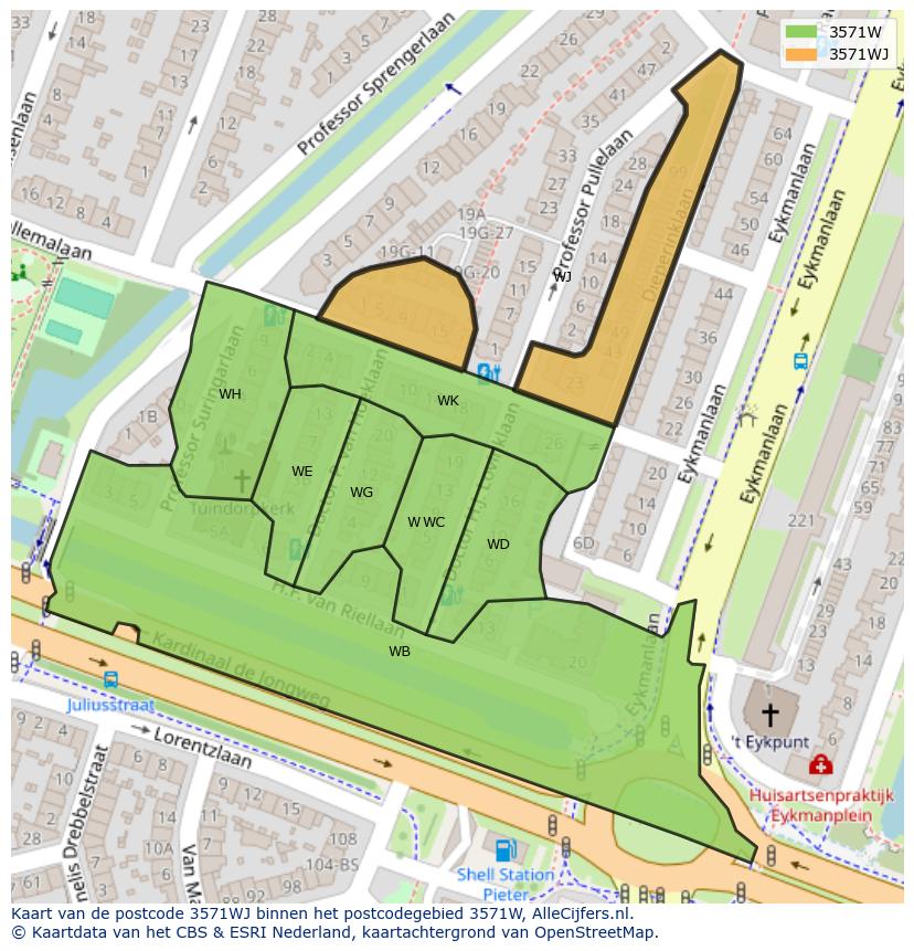 Afbeelding van het postcodegebied 3571 WJ op de kaart.