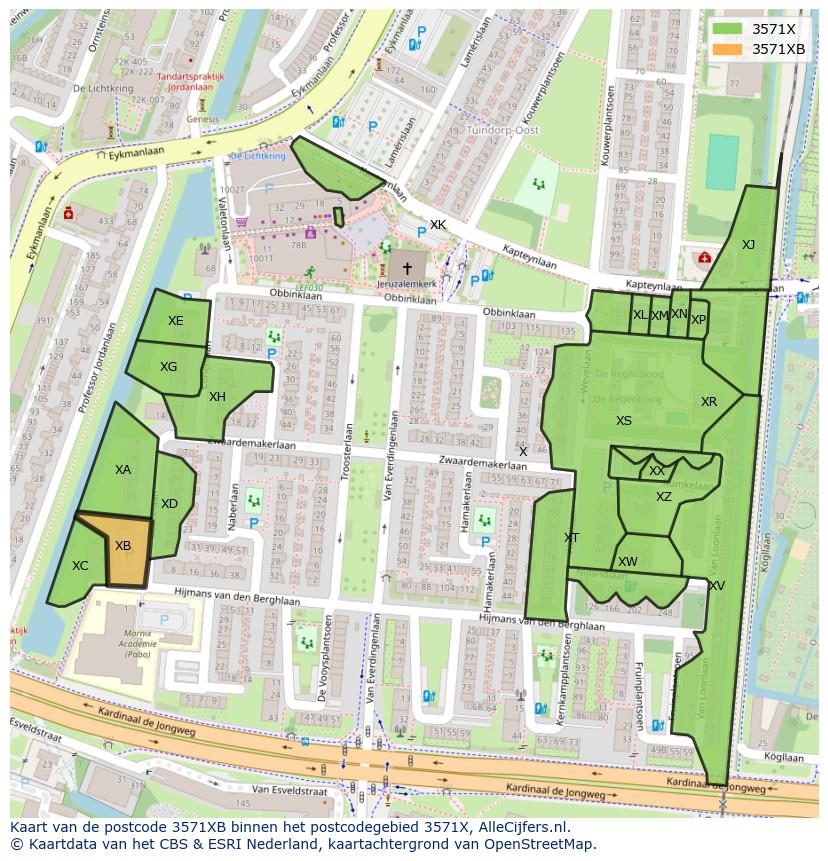 Afbeelding van het postcodegebied 3571 XB op de kaart.