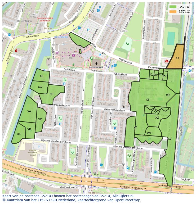 Afbeelding van het postcodegebied 3571 XJ op de kaart.