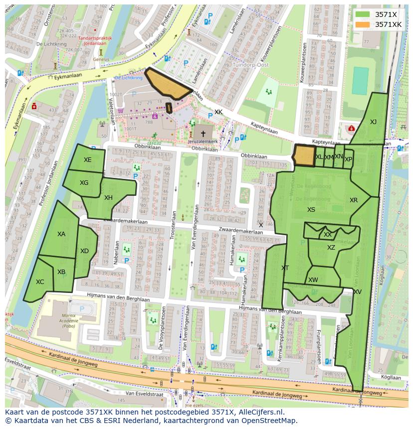 Afbeelding van het postcodegebied 3571 XK op de kaart.