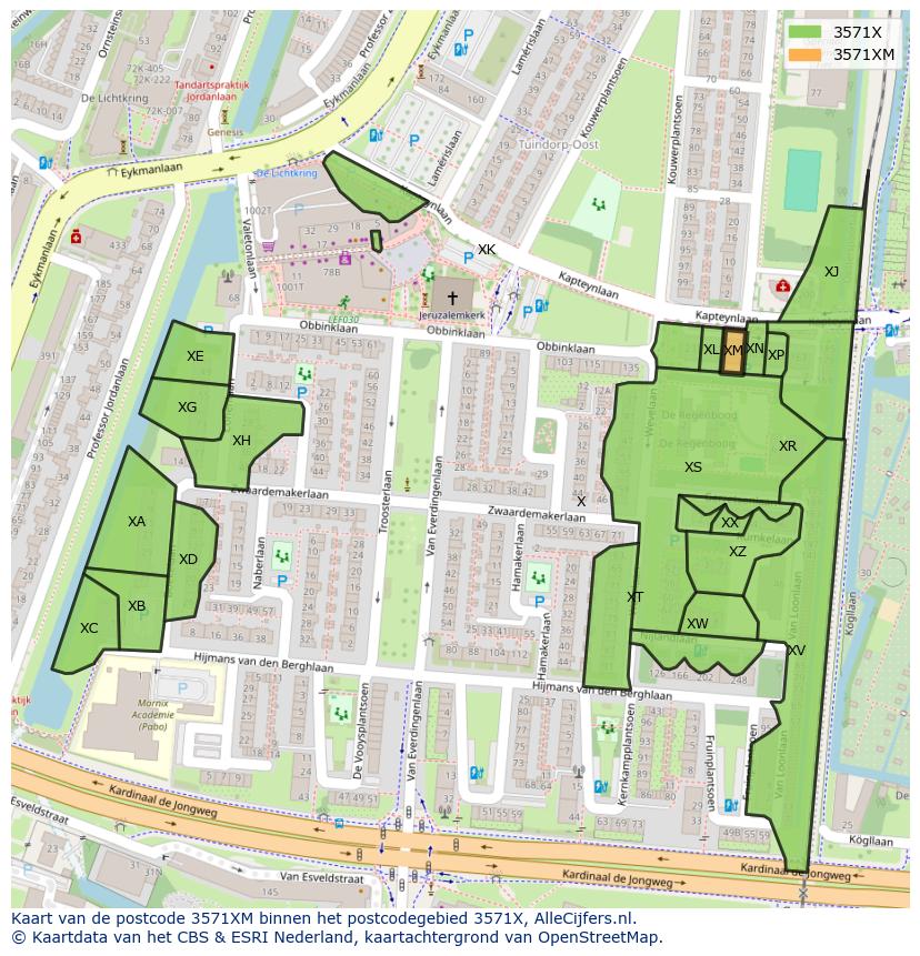 Afbeelding van het postcodegebied 3571 XM op de kaart.