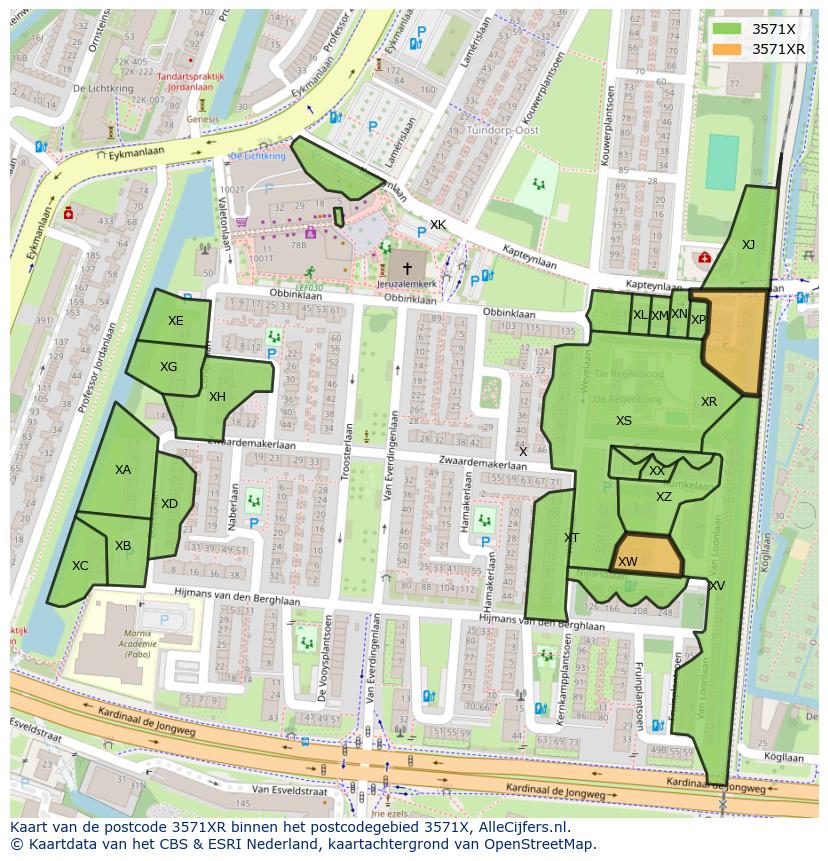 Afbeelding van het postcodegebied 3571 XR op de kaart.