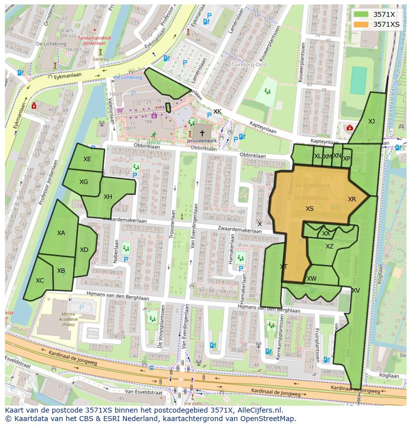 Afbeelding van het postcodegebied 3571 XS op de kaart.