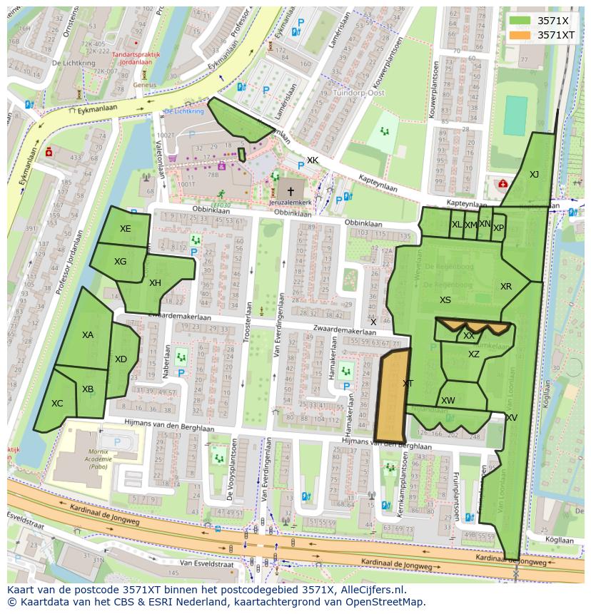Afbeelding van het postcodegebied 3571 XT op de kaart.
