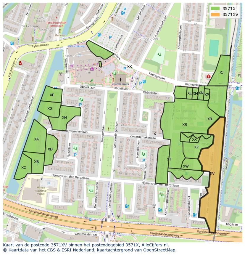 Afbeelding van het postcodegebied 3571 XV op de kaart.