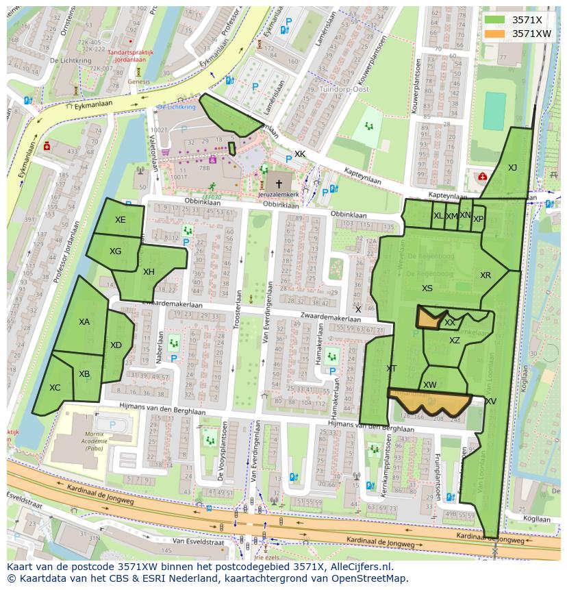 Afbeelding van het postcodegebied 3571 XW op de kaart.