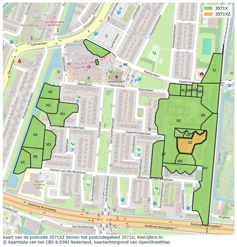 Afbeelding van het postcodegebied 3571 XZ op de kaart.