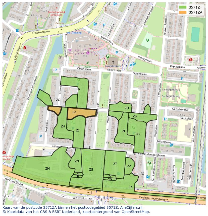 Afbeelding van het postcodegebied 3571 ZA op de kaart.