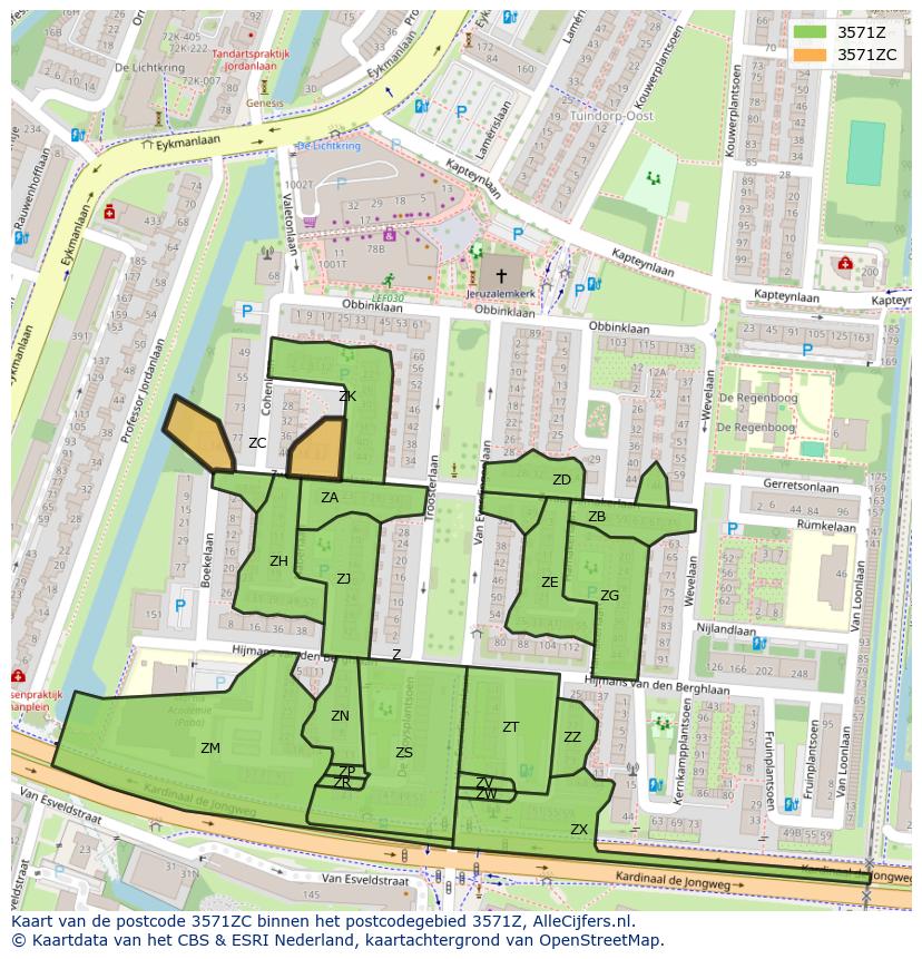 Afbeelding van het postcodegebied 3571 ZC op de kaart.
