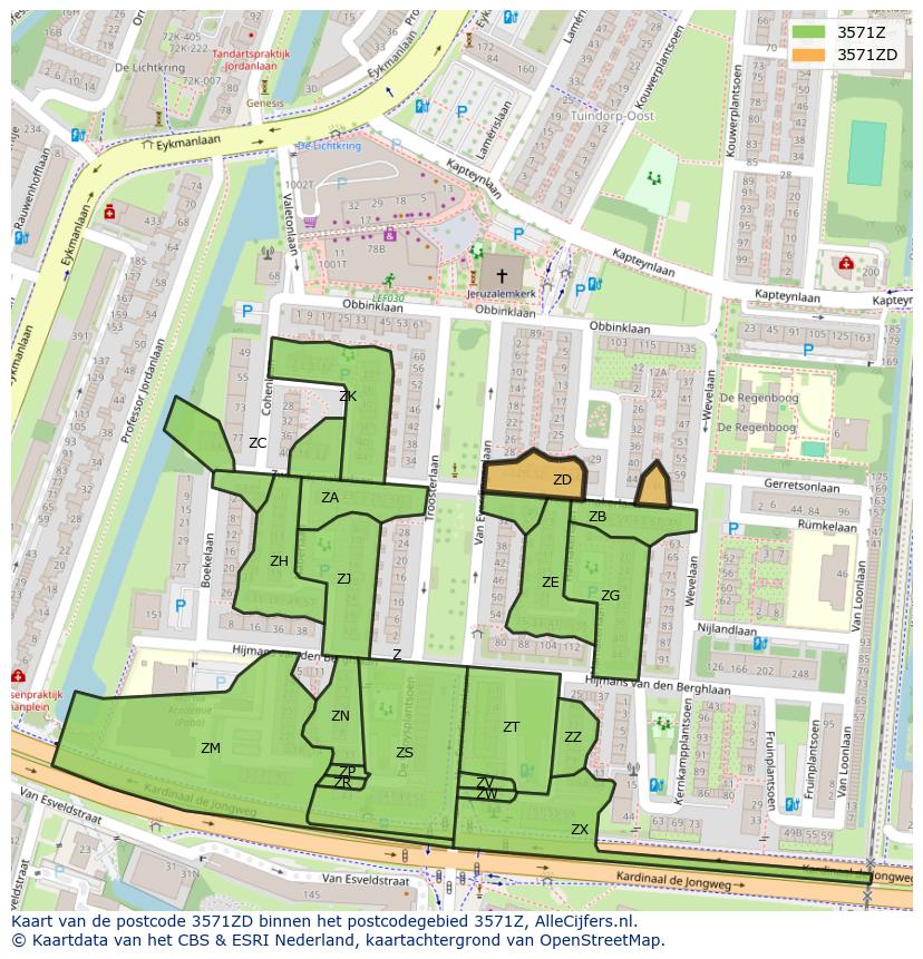 Afbeelding van het postcodegebied 3571 ZD op de kaart.