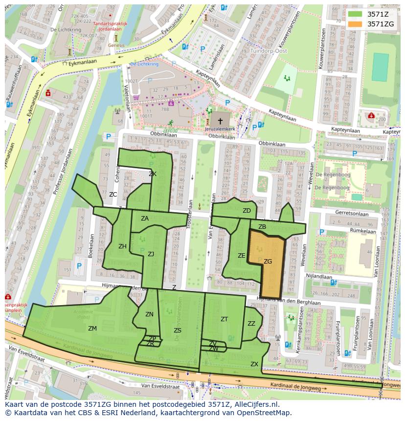 Afbeelding van het postcodegebied 3571 ZG op de kaart.