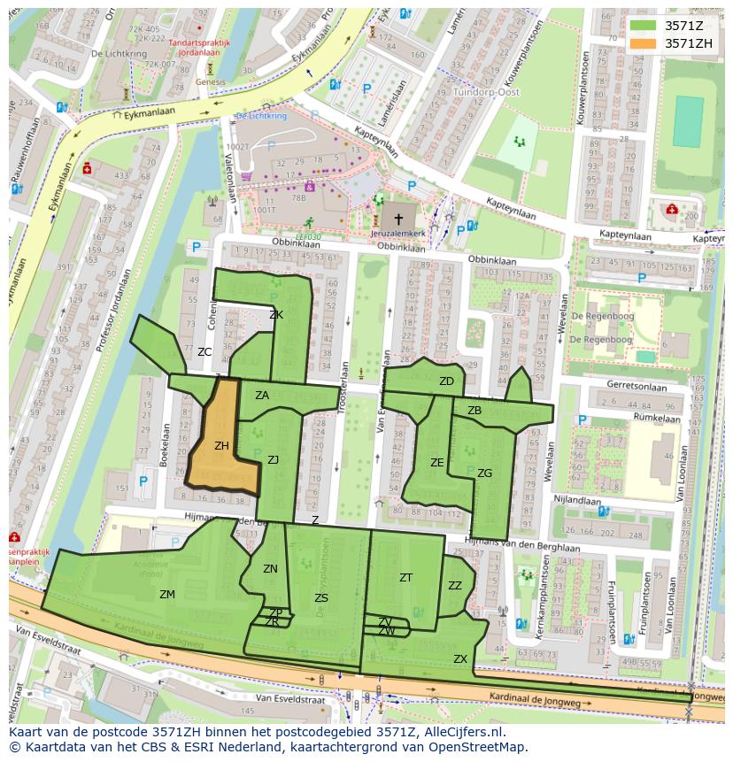 Afbeelding van het postcodegebied 3571 ZH op de kaart.